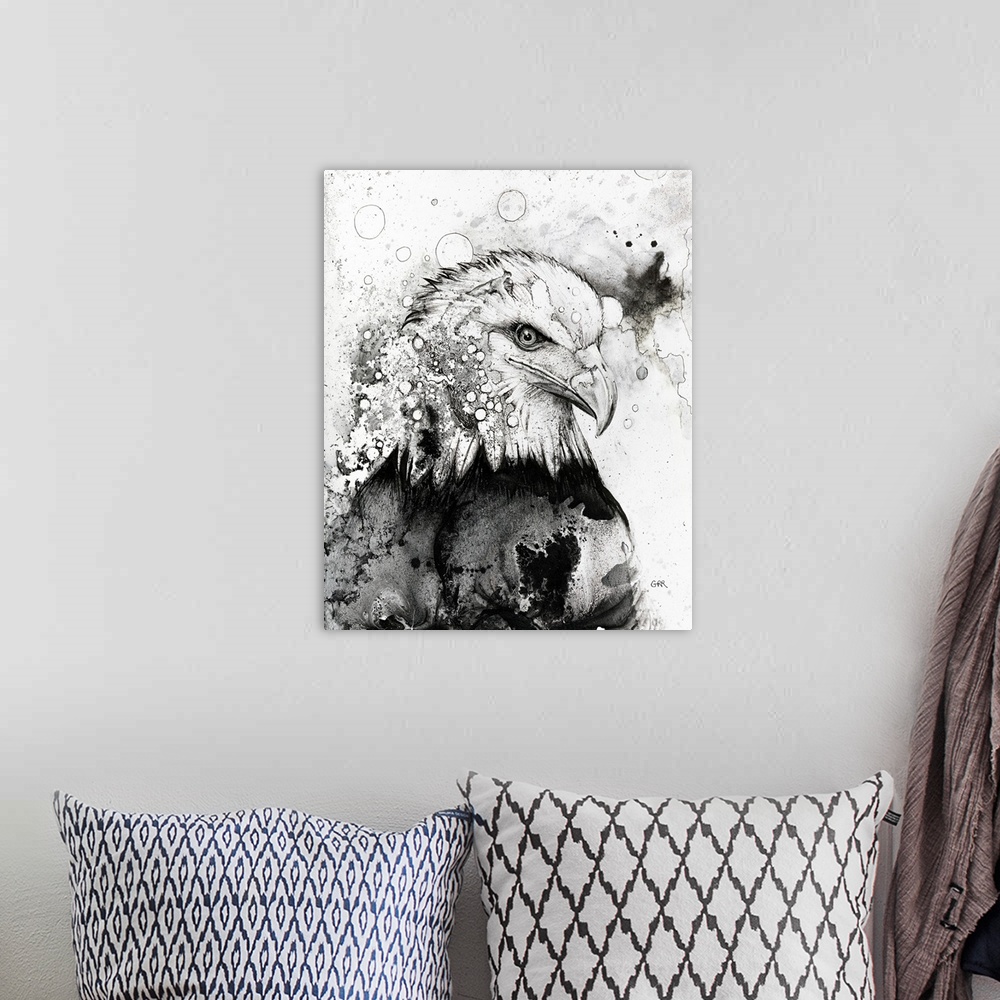 A bohemian room featuring Black and white illustration of an eagle, illustration.