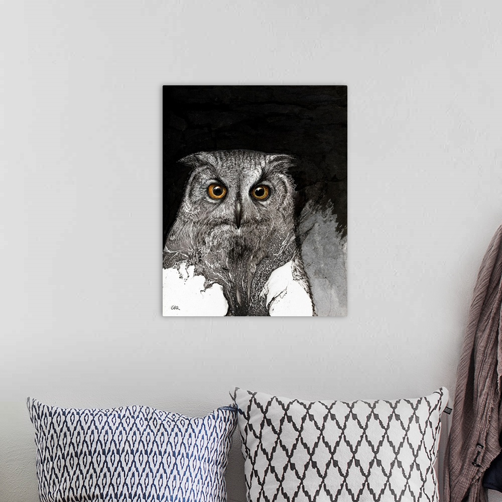 A bohemian room featuring Black And White Illustration Of An Owl.