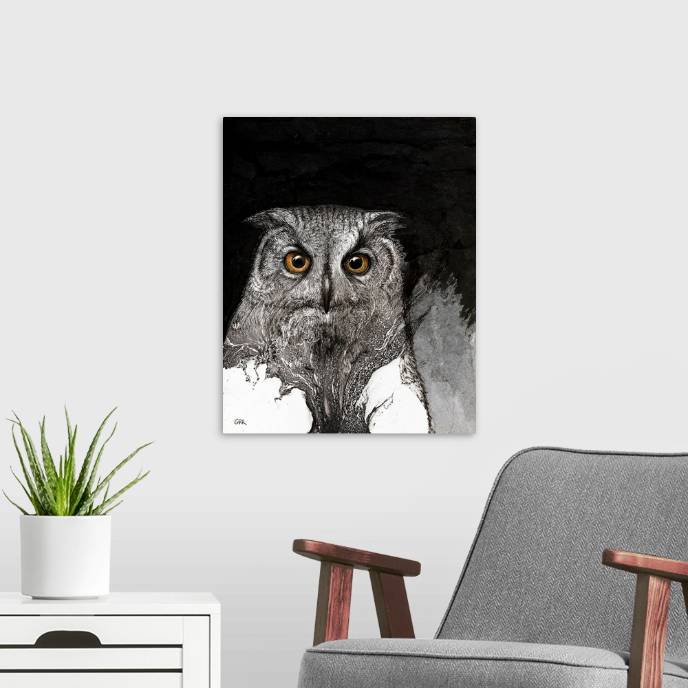 A modern room featuring Black And White Illustration Of An Owl.