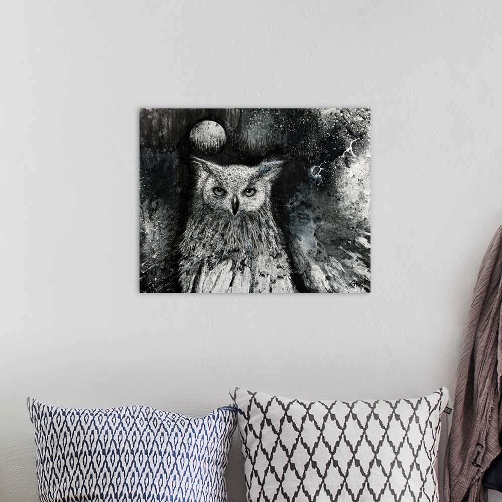 A bohemian room featuring Black And White Illustration Of An Owl And  Full Moon In The Night Sky.