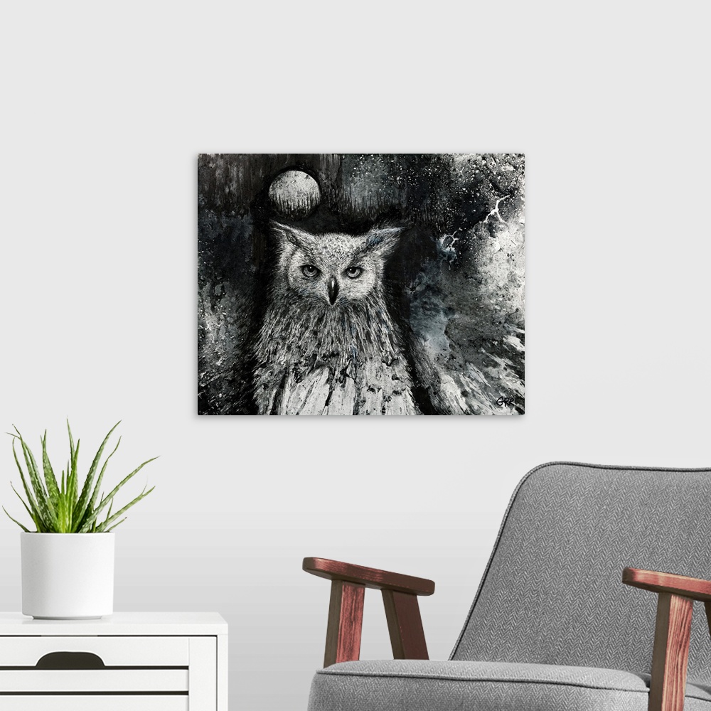 A modern room featuring Black And White Illustration Of An Owl And  Full Moon In The Night Sky.