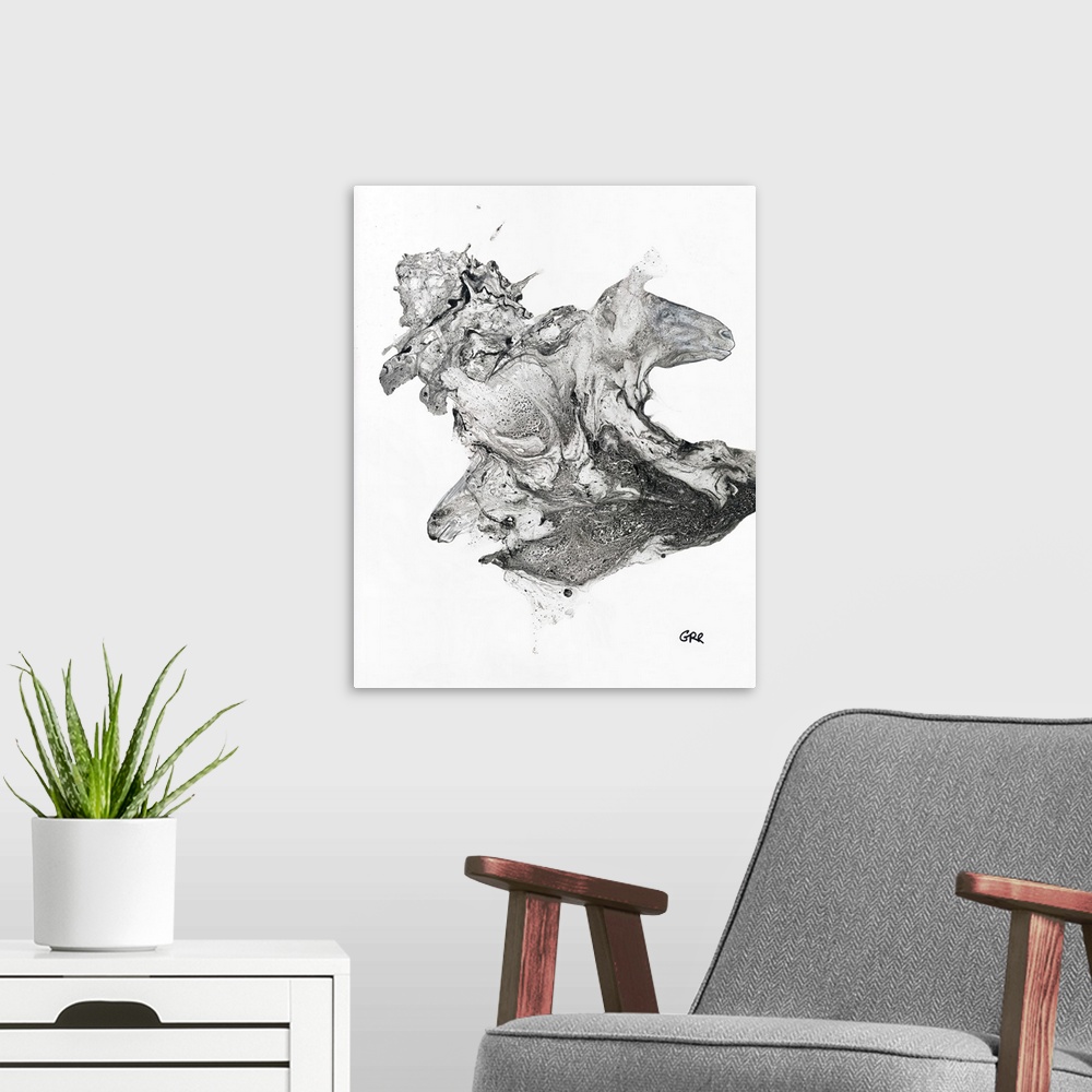 A modern room featuring Black and white illustration of horse heads emerging from an abstract.