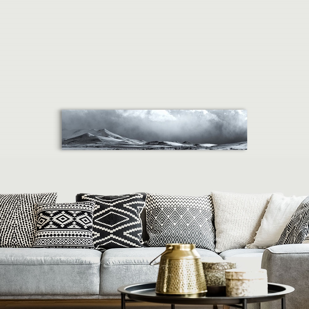 A bohemian room featuring Black And White Image Of A Clearing Storm Along The Dempster Highway, Yukon