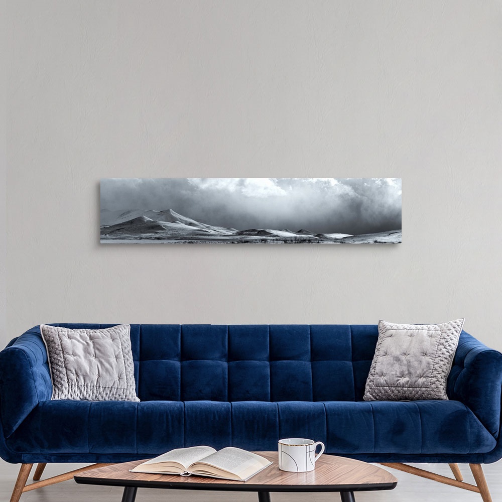 A modern room featuring Black And White Image Of A Clearing Storm Along The Dempster Highway, Yukon