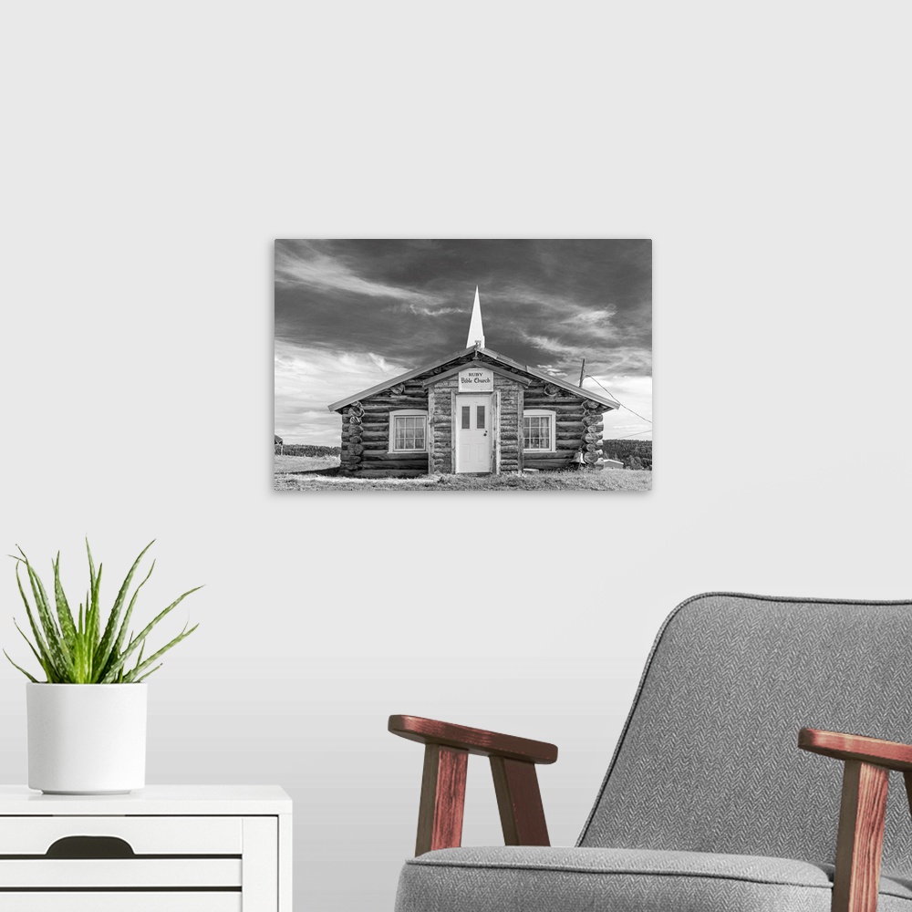 A modern room featuring Black and white image of Ruby Bible Church in Interior Alaska, USA, Ruby, Alaska, United States o...