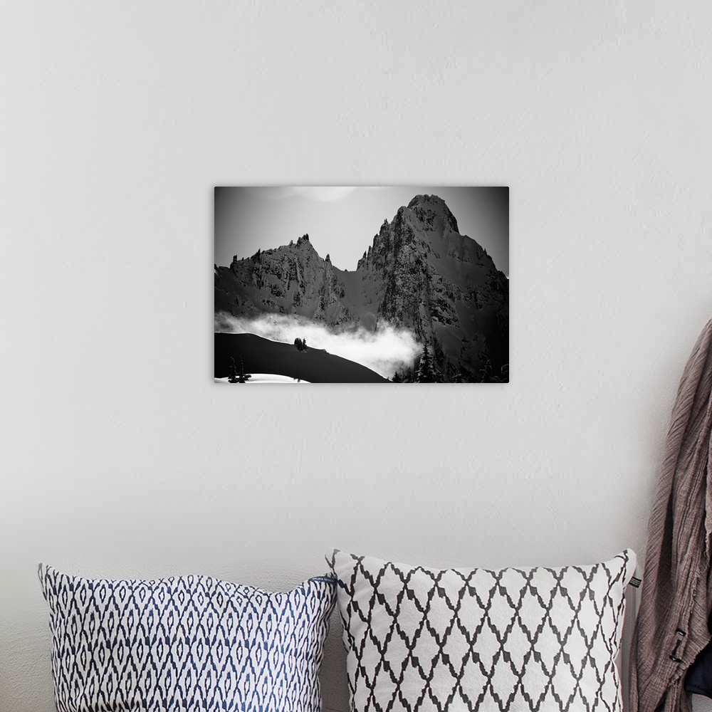 A bohemian room featuring Black and white scenic view of mountain peaks above Haines in winter, Southeast Alaska