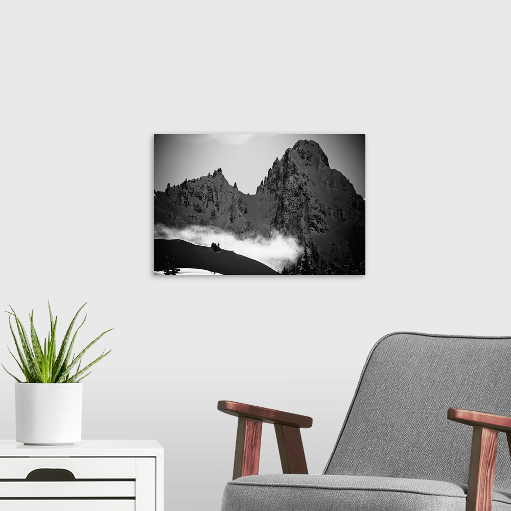 A modern room featuring Black and white scenic view of mountain peaks above Haines in winter, Southeast Alaska