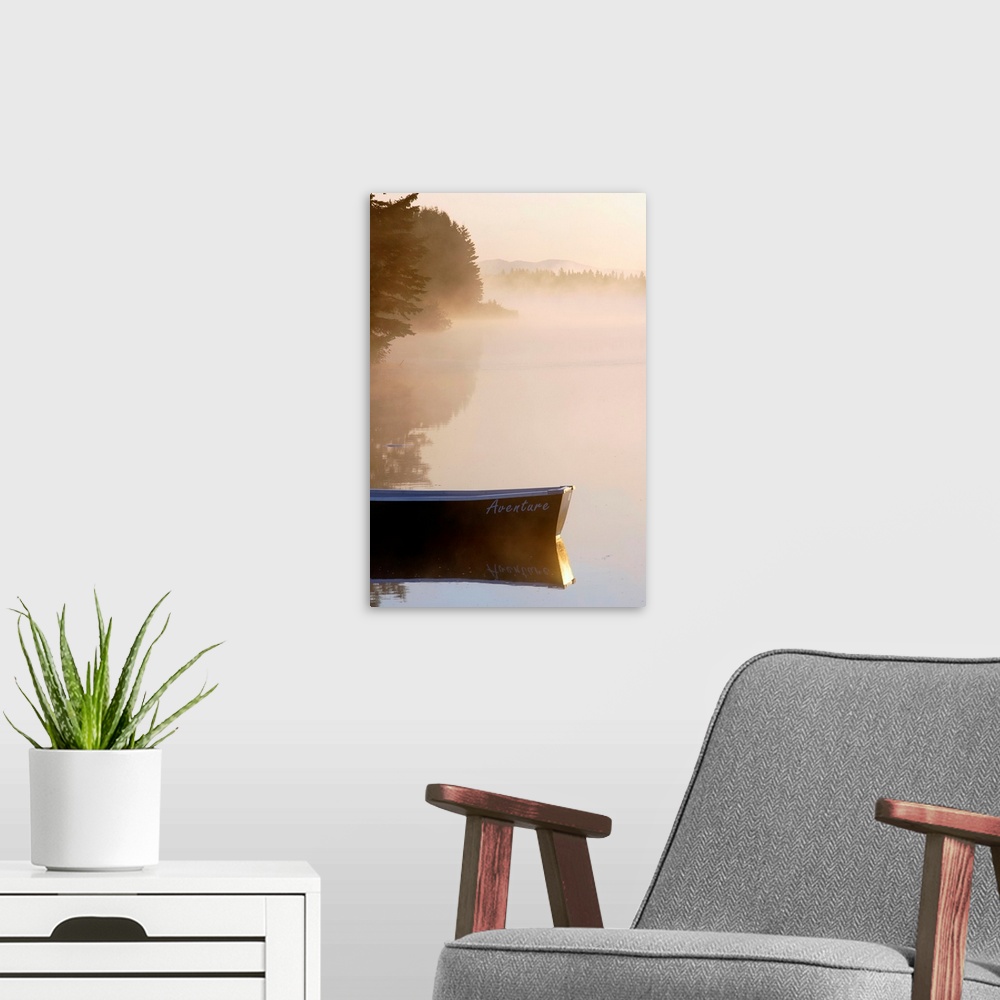 A modern room featuring Boat And Mist on pond, Gaspesie, Quebec