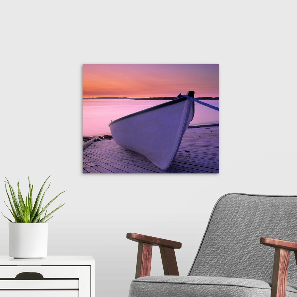 A modern room featuring Boat At Dawn, Harrington Harbour, Duplessis Region, Quebec, Canada
