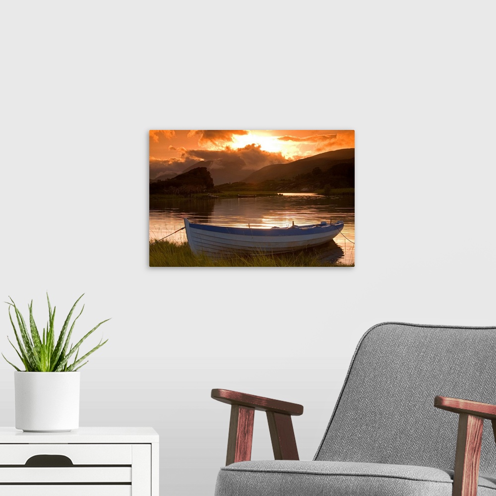 A modern room featuring Boat At Sunset, Upper Lake, Killarney National Park, County Kerry, Ireland
