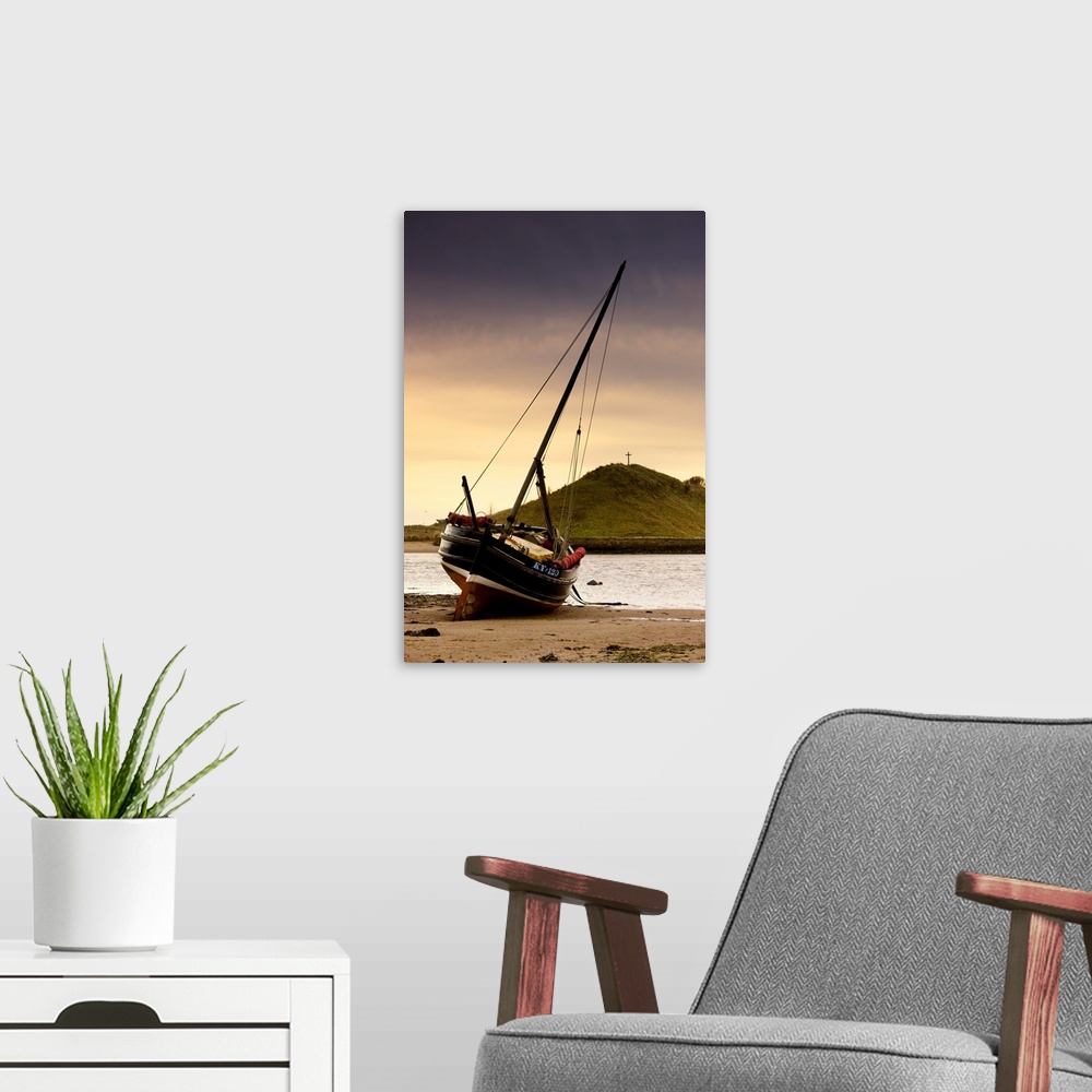 A modern room featuring Boat On Beach At Low Tide; Alnmouth, Northumberland, England