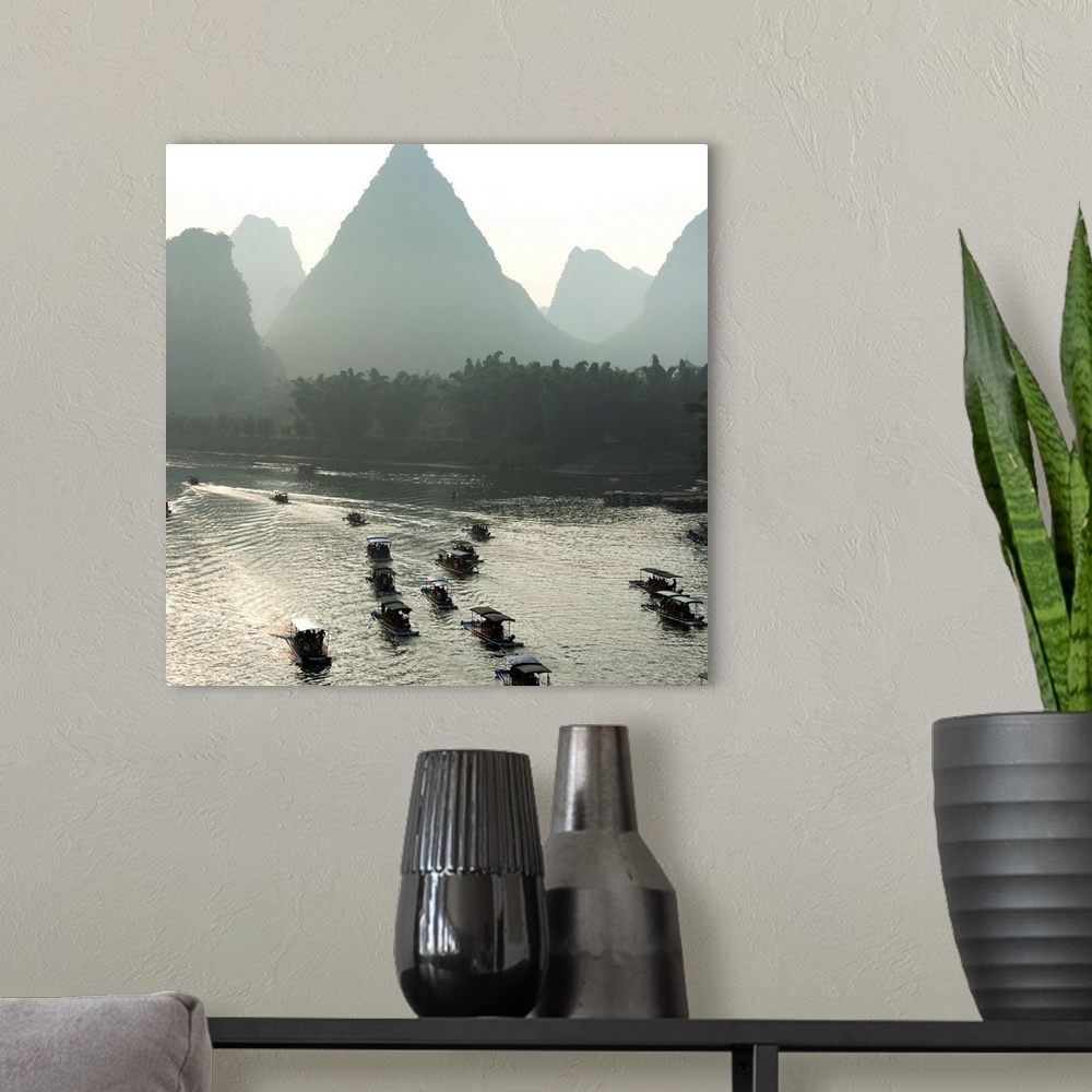 A modern room featuring Boats Along The Li River At Sunset, Guilin, Guangxi, China