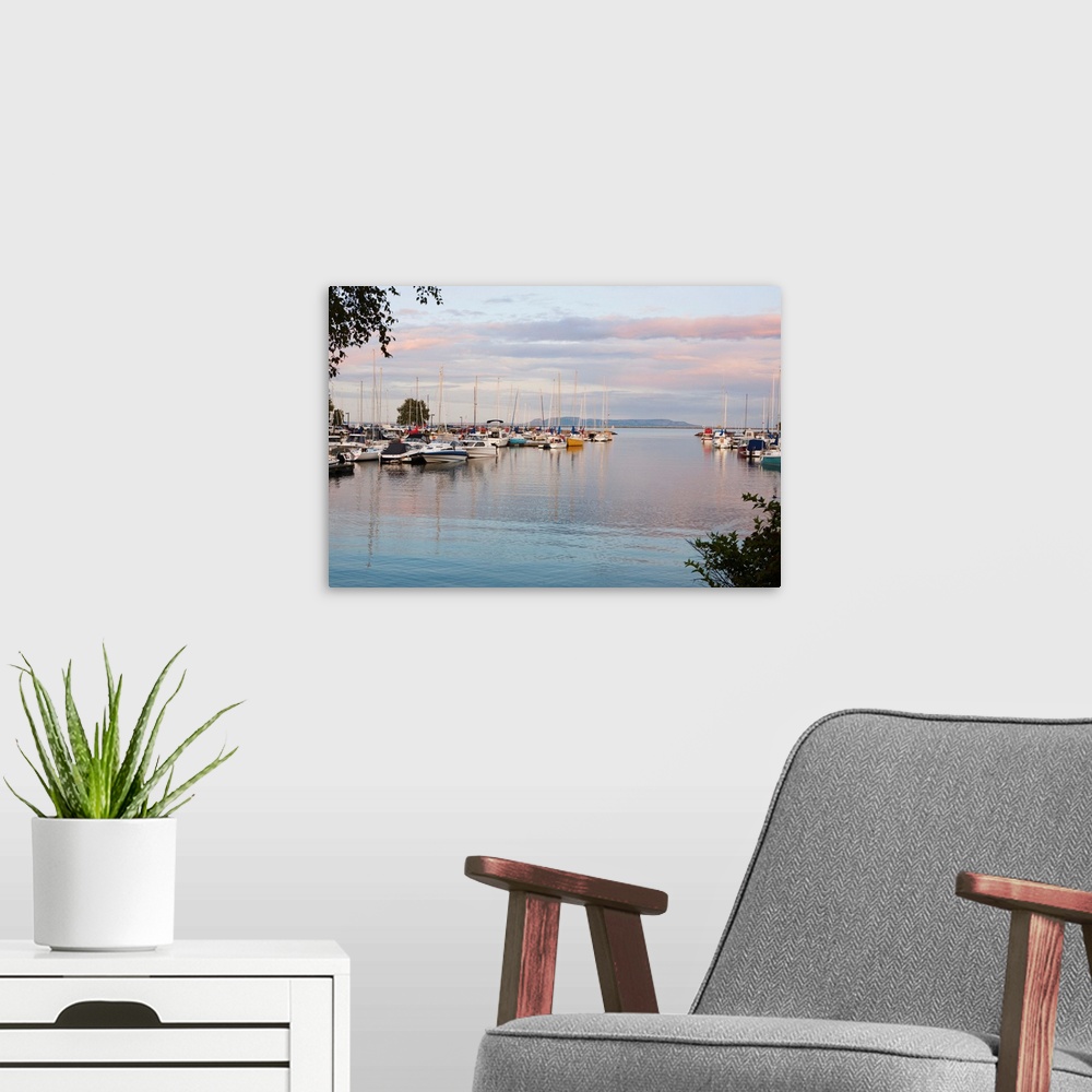 A modern room featuring Boats In The Harbour At Sunset, Thunder Bay, Ontario, Canada
