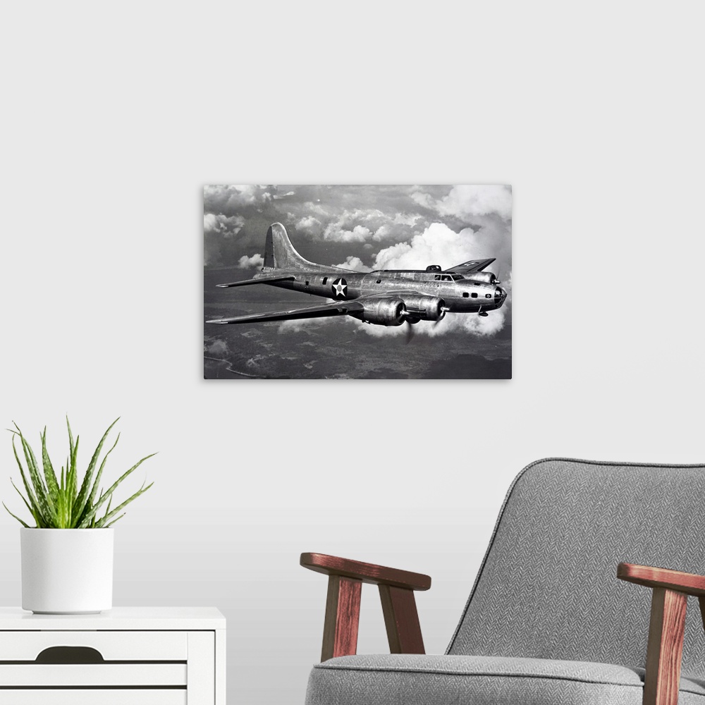 A modern room featuring Photograph of a Boeing B17 Flying Fortress used by the United States Air Force during the Second ...