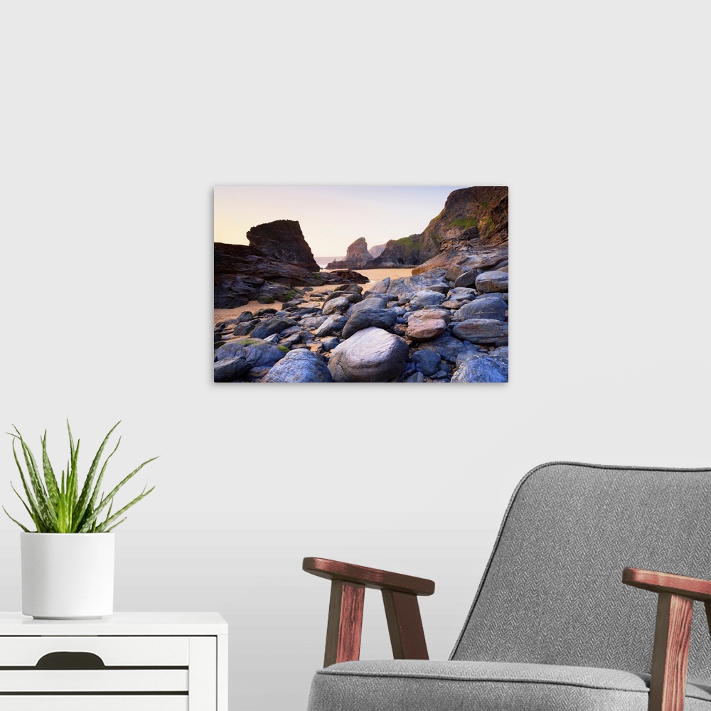 A modern room featuring Boulders and Sea Stacks at Low Tide, Bedruthan Steps, Cornwall, England