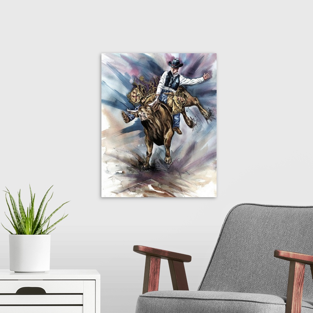 A modern room featuring Bull Bucking His Rider