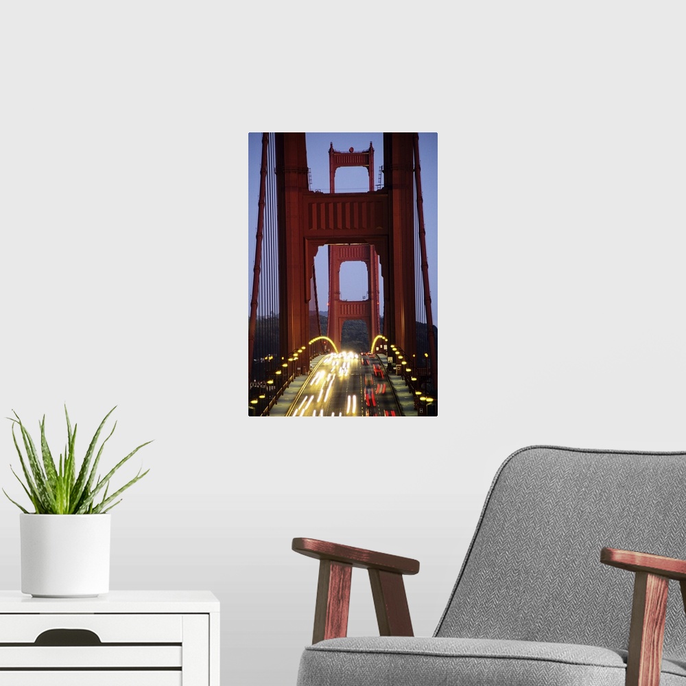 A modern room featuring California, San Francisco, Golden Gate Bridge, Blurred Traffic Lights At Evening