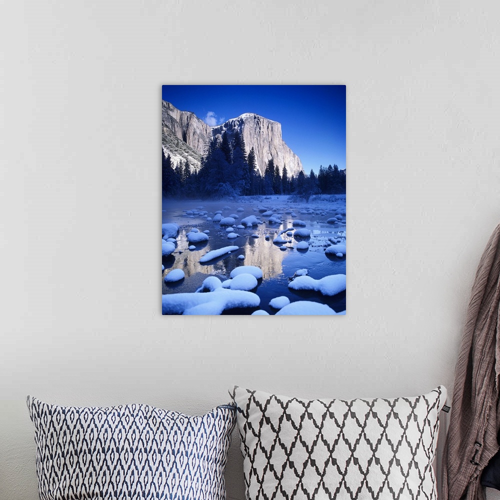 A bohemian room featuring California, Yosemite National Park, Snowy Landscape Of El Capitan And Merced River