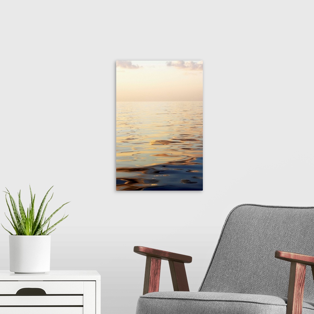 A modern room featuring Calm Sea Surface With Sunset, Low Angle View