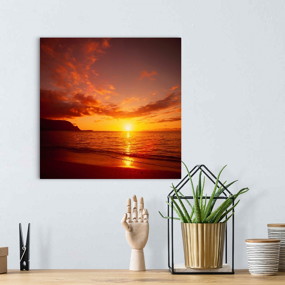 A bohemian room featuring Calm Shoreline Ocean Waters With Orange Reflections From Sunset