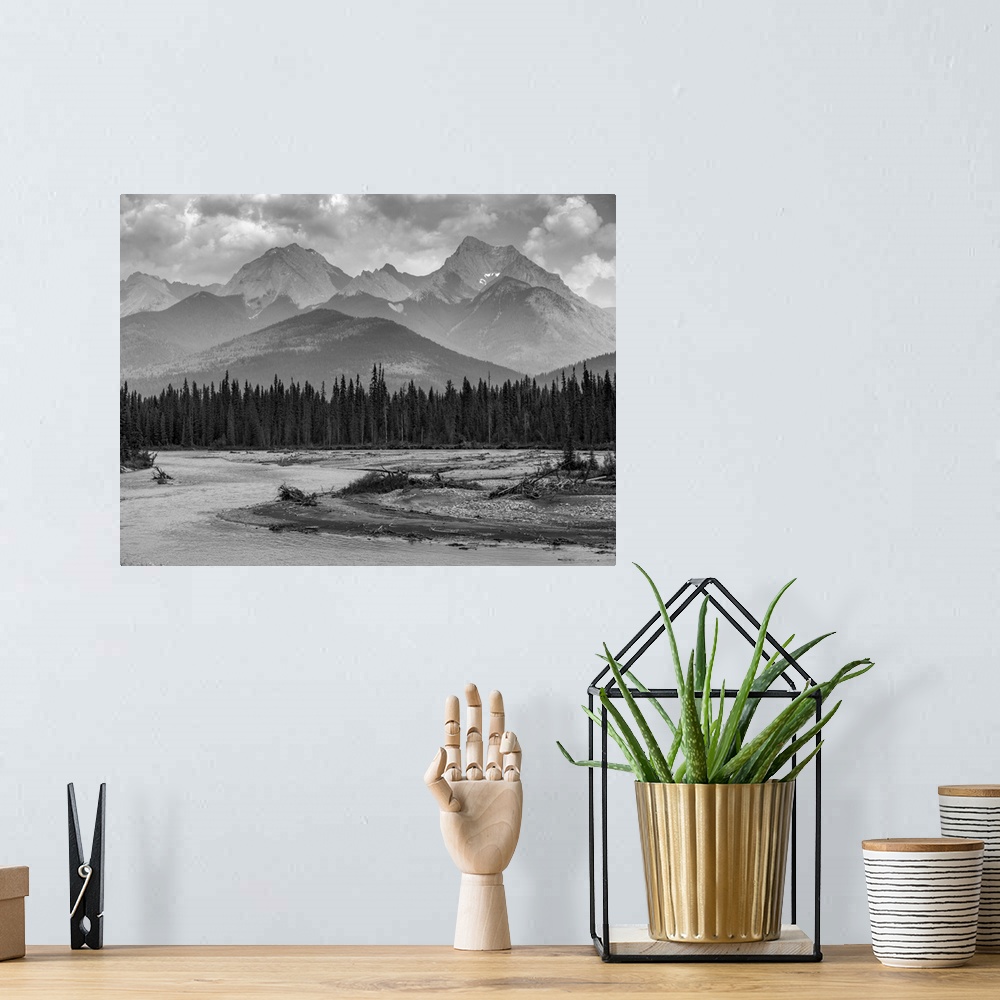 A bohemian room featuring Black and white landscape of the rugged Canadian rocky mountains with a forest and a flowing rive...
