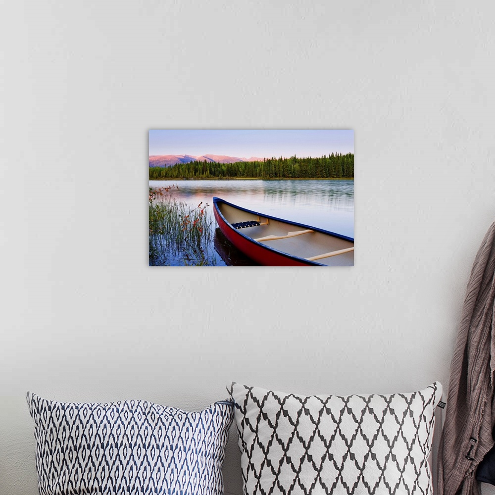 A bohemian room featuring Canoe And Boya Lake At Sunset, Northern British Columbia, Canada
