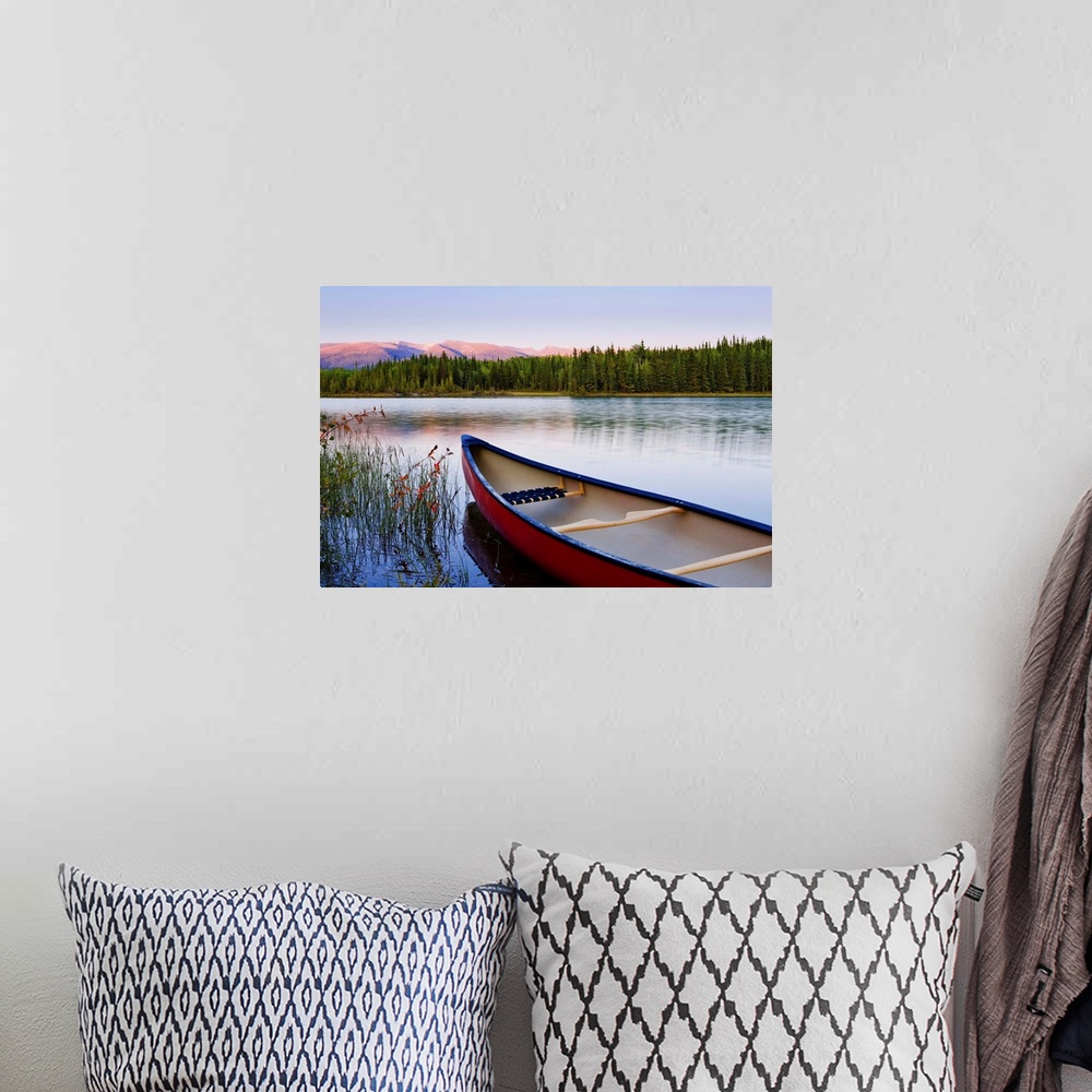 A bohemian room featuring Canoe And Boya Lake At Sunset, Northern British Columbia, Canada