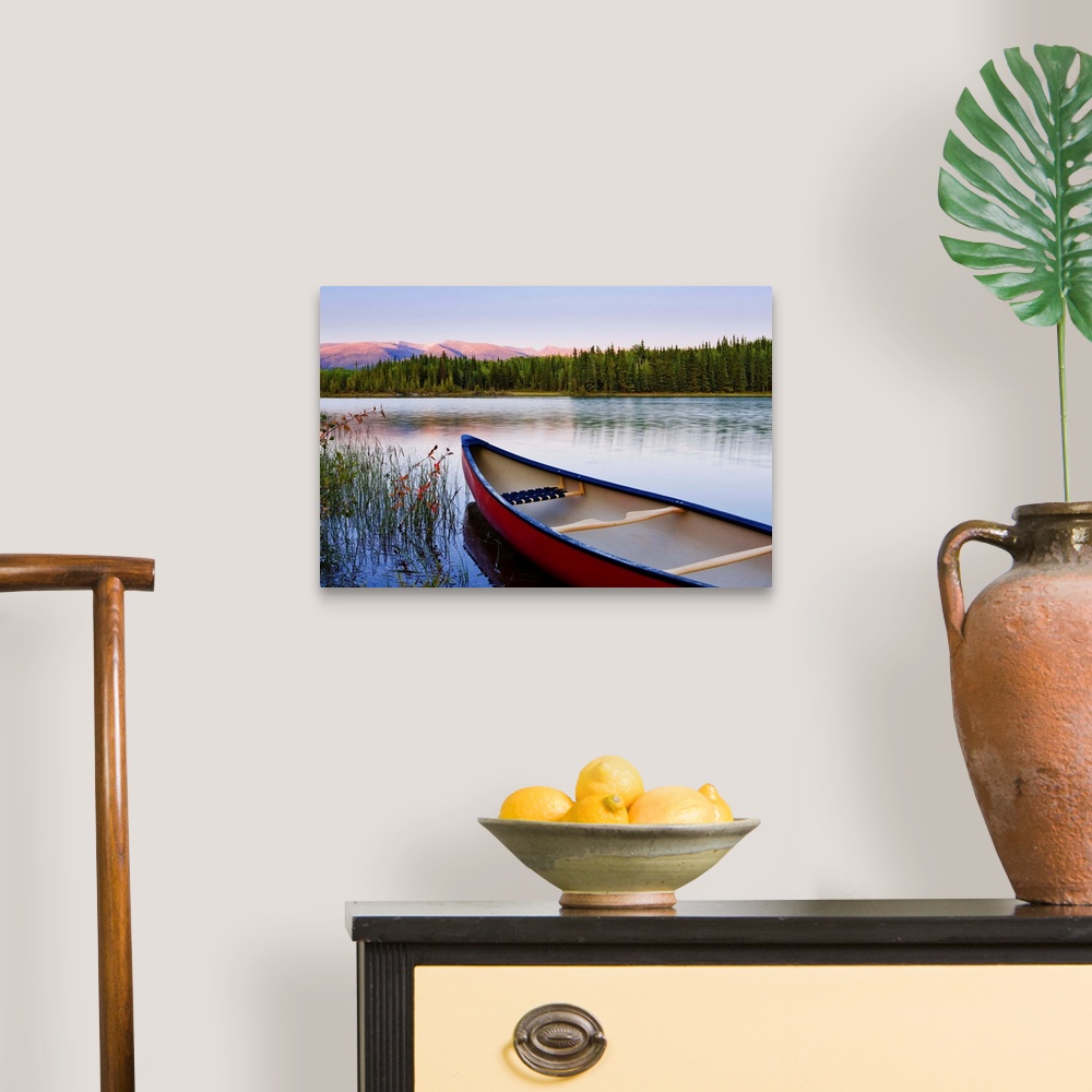 A traditional room featuring Canoe And Boya Lake At Sunset, Northern British Columbia, Canada