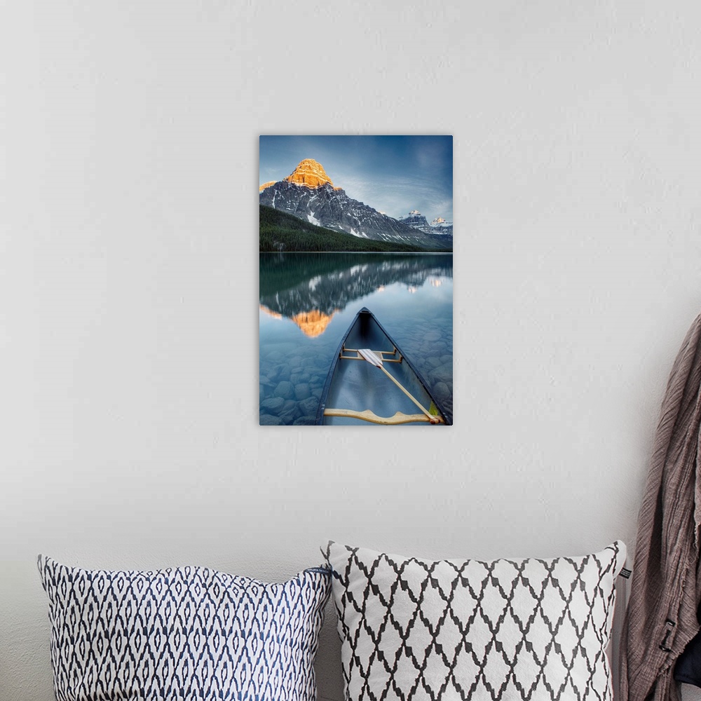 A bohemian room featuring Canoe At Lower Waterfowl Lake With Mount Chephren, Banff National Park