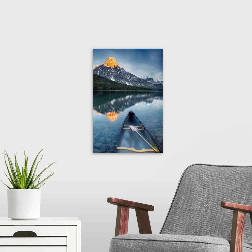 A modern room featuring Canoe At Lower Waterfowl Lake With Mount Chephren, Banff National Park