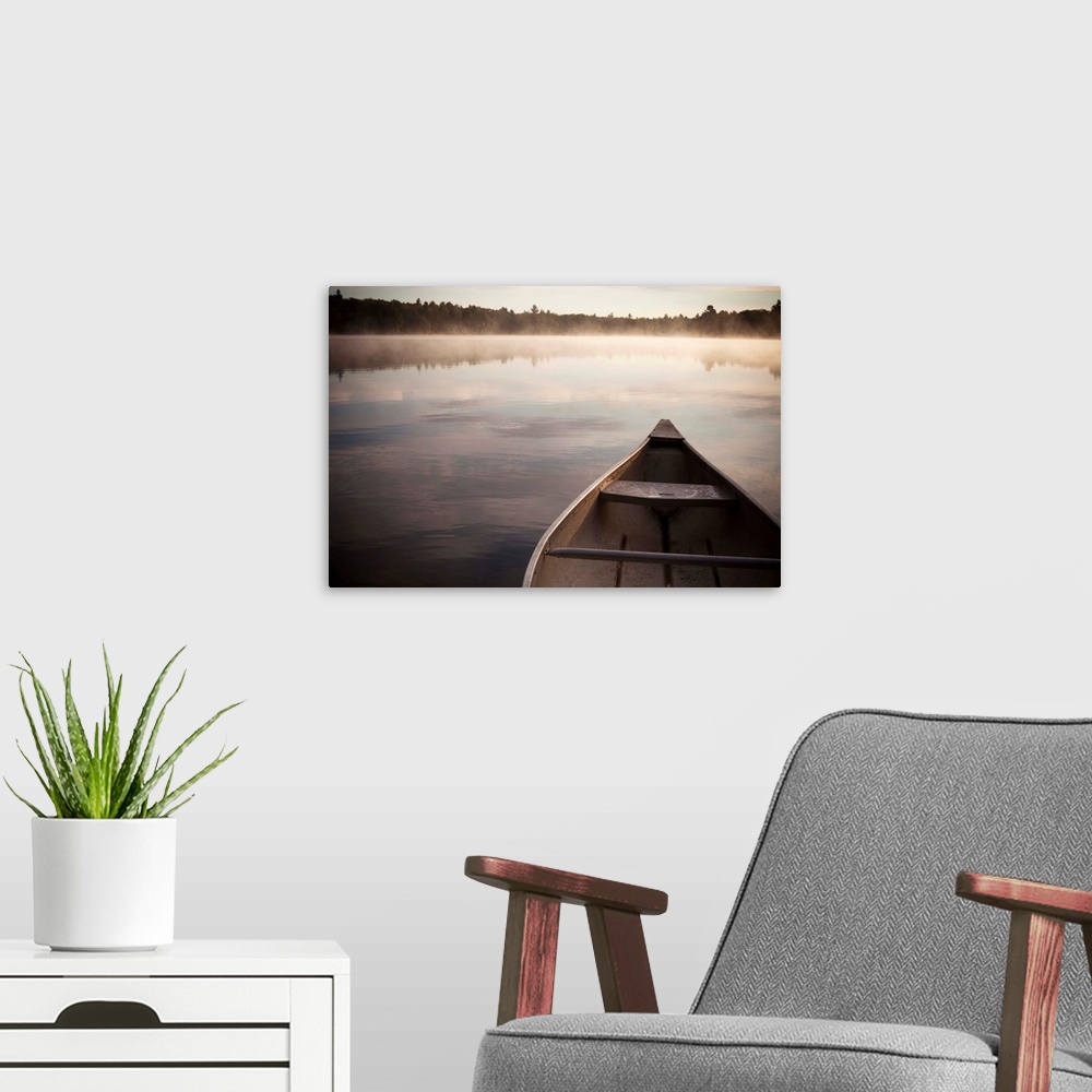 A modern room featuring Canoe In Morning Fog On Duck Lake; Kirkfield, Ontario, Canada