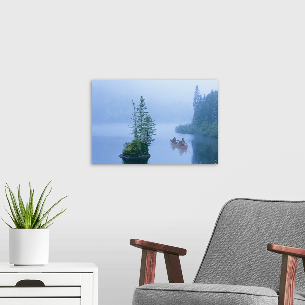 A modern room featuring Canoe In The Mist On Jacques-Cartier River At Dawn In Jacques-Cartier National Park; Quebec Canada