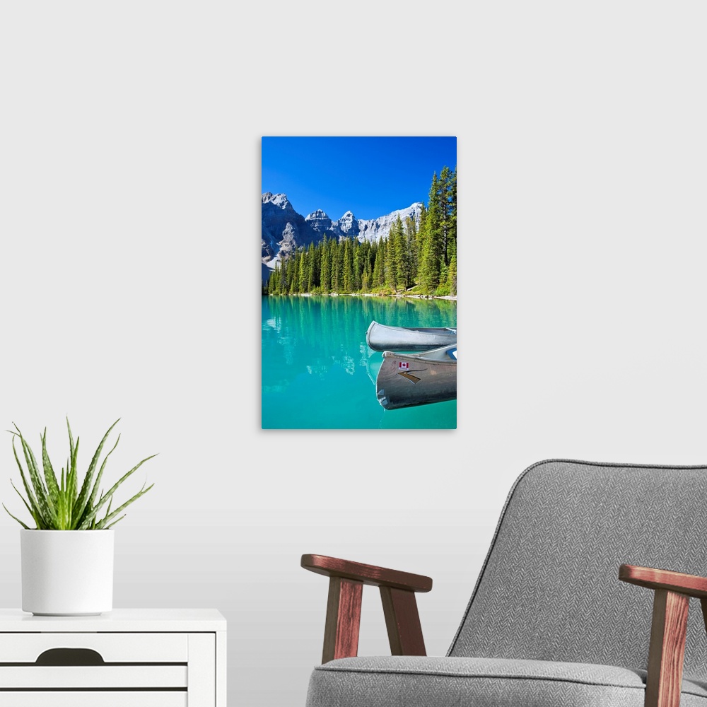 A modern room featuring Canoes In Moraine Lake, Banff National Park, Alberta, Canada
