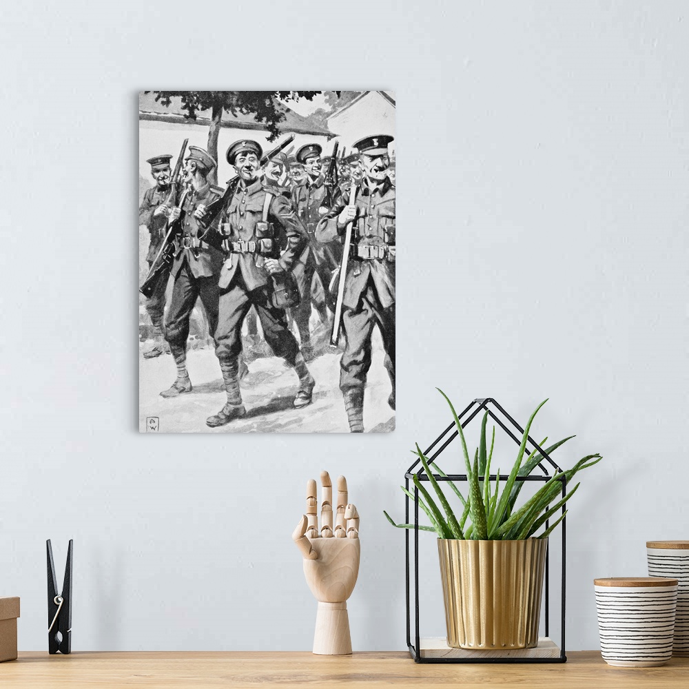 A bohemian room featuring Caricature-Like Drawing Of Confident British Troops On Way To Front Line, Western Front, 1915, Fr...
