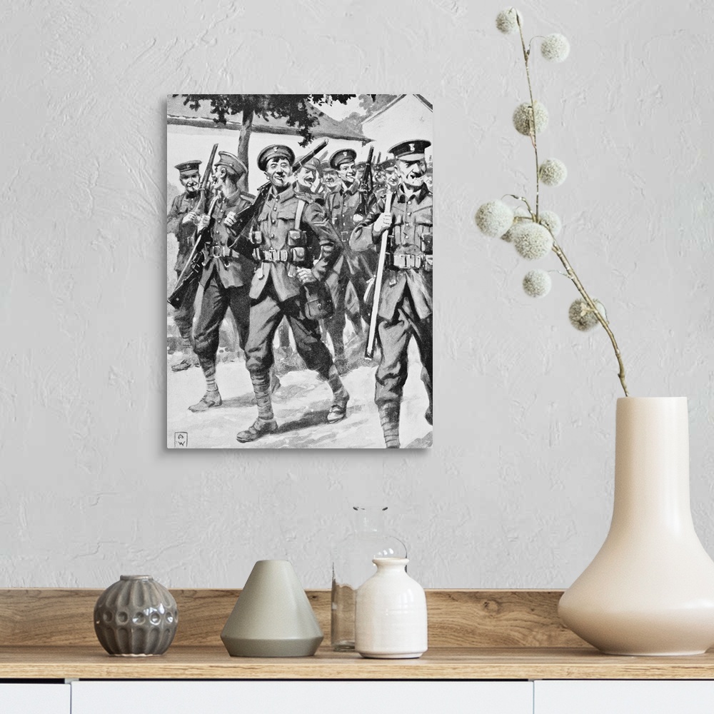 A farmhouse room featuring Caricature-Like Drawing Of Confident British Troops On Way To Front Line, Western Front, 1915, Fr...
