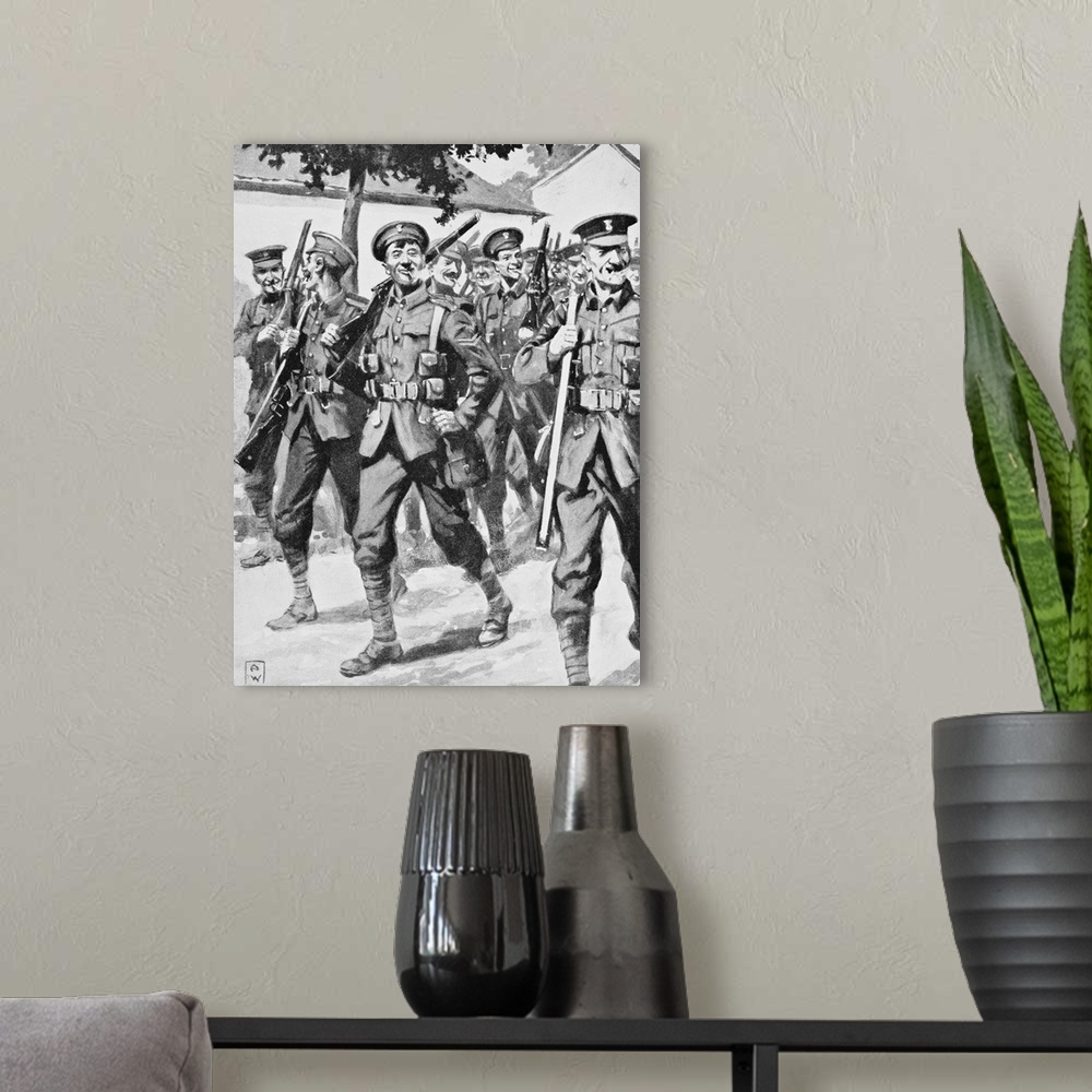 A modern room featuring Caricature-Like Drawing Of Confident British Troops On Way To Front Line, Western Front, 1915, Fr...