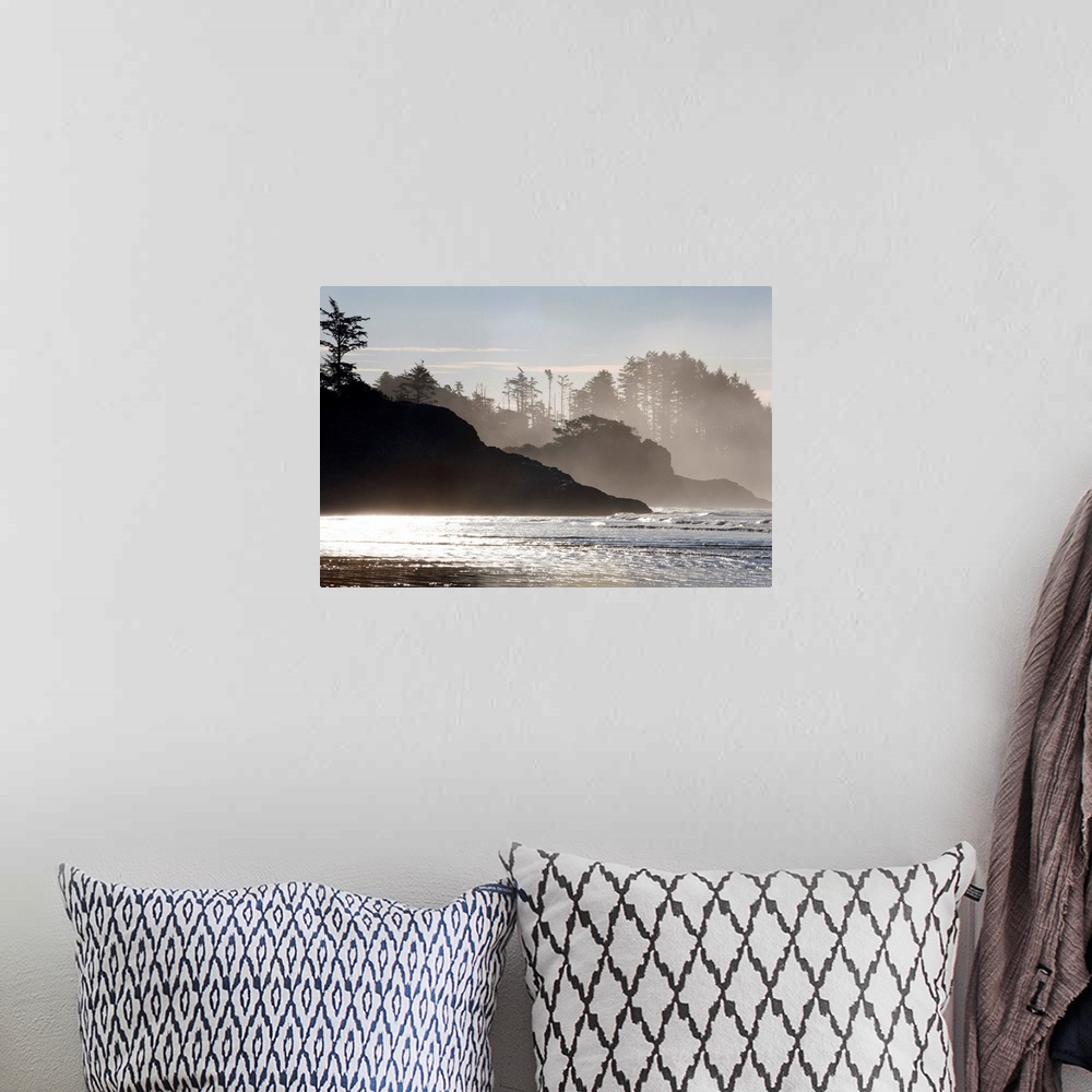 A bohemian room featuring Mist rises of the sea against the silhouettes of rocks and trees in this shore line photograph ta...
