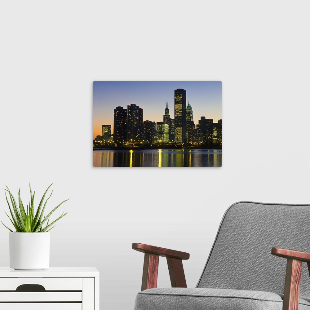A modern room featuring Chicago Skyline At Night, Chicago, Illinois