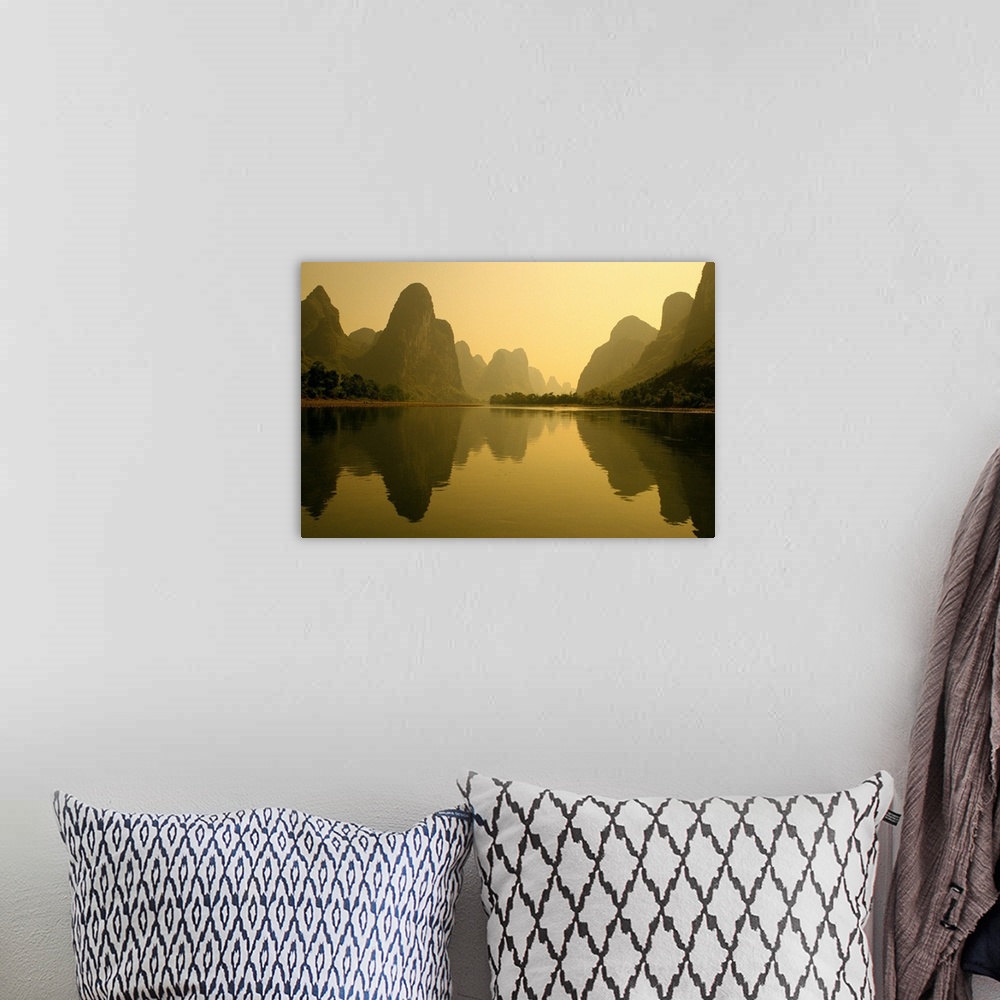 A bohemian room featuring China, Guilin, Piled Silk Mountains, Li River With Reflections In Water