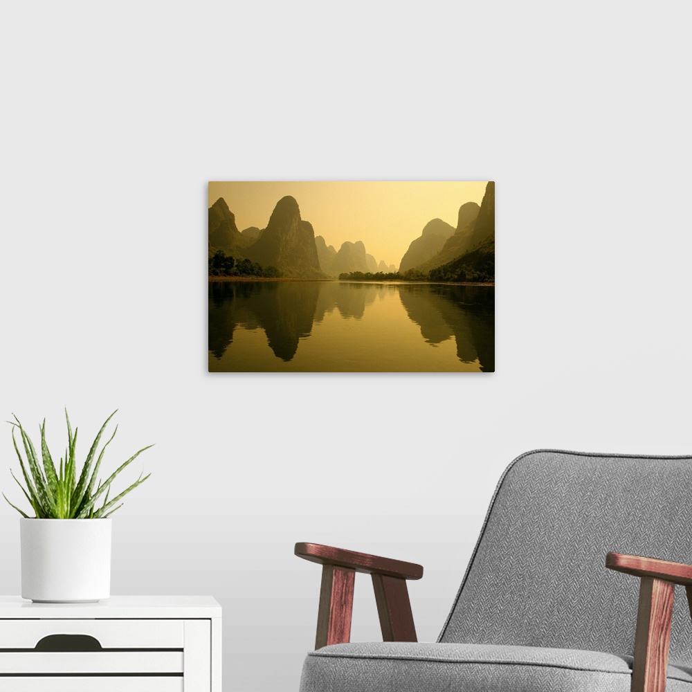 A modern room featuring China, Guilin, Piled Silk Mountains, Li River With Reflections In Water