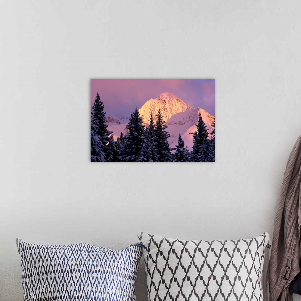 A bohemian room featuring Chugach Mtns Bathed in Alpenglow Above Girdwood AK SC Winter