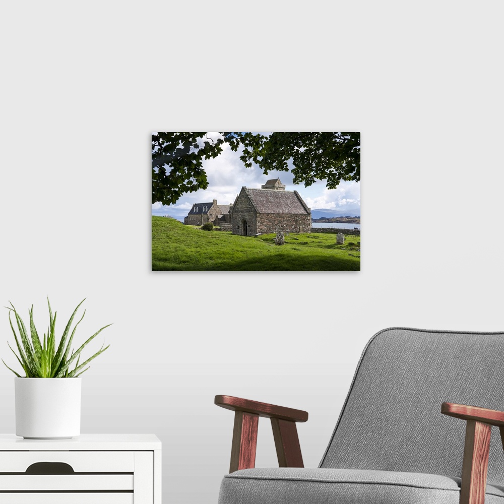 A modern room featuring A small church sits in the cemetery of the Benedictine Abbey on Isle of Iona, Scotland Iona, Scot...