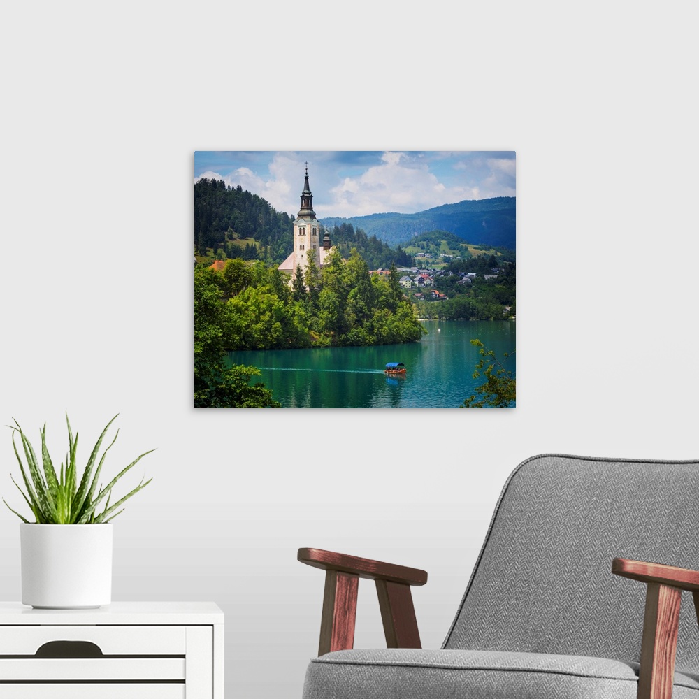 A modern room featuring Church of the Assumption on Bled Island. Bled, Upper Carniola, Slovenia.