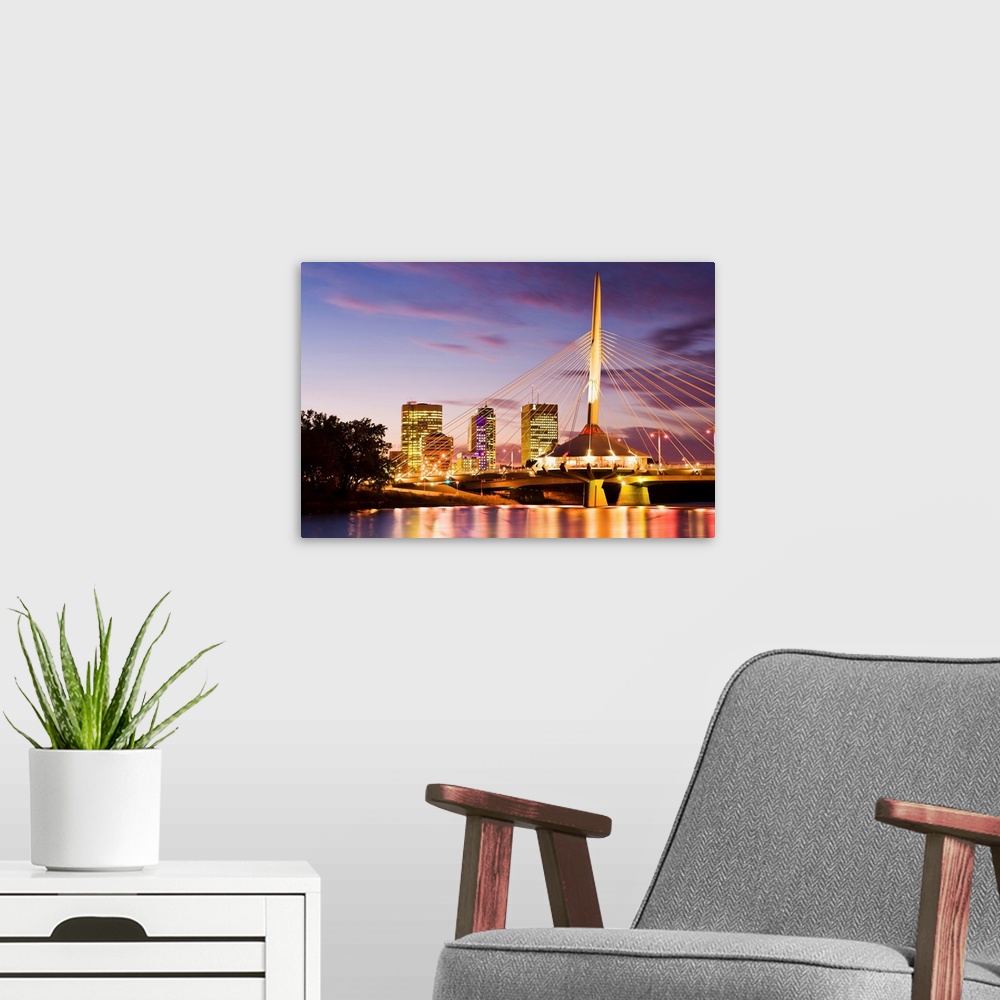 A modern room featuring City Skyline And Provencher Bridge At Dusk, Winnipeg, Manitoba, Canada