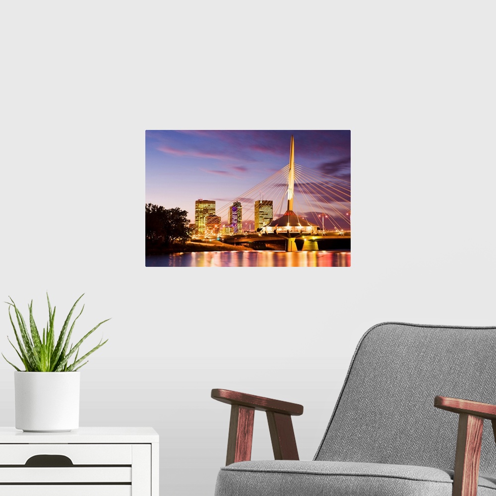 A modern room featuring City Skyline And Provencher Bridge At Dusk, Winnipeg, Manitoba, Canada