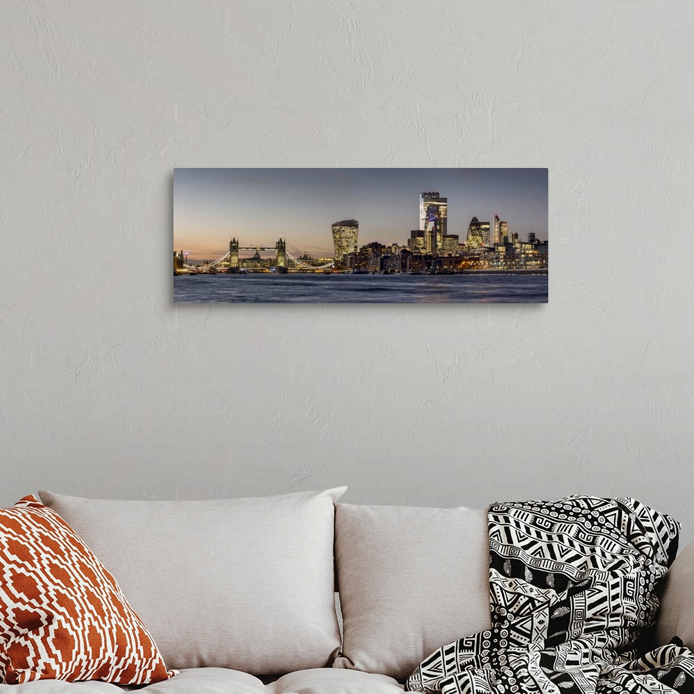 A bohemian room featuring Cityscape and skyline of London at dusk with 20 Fenchurch, 22 Bishopsgate, and various other skys...