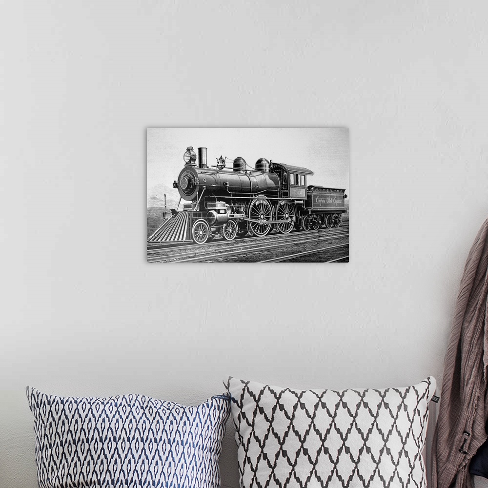 A bohemian room featuring Engraving depicting a Class 999 locomotive used on the New York Central and Hudson River Railroad...