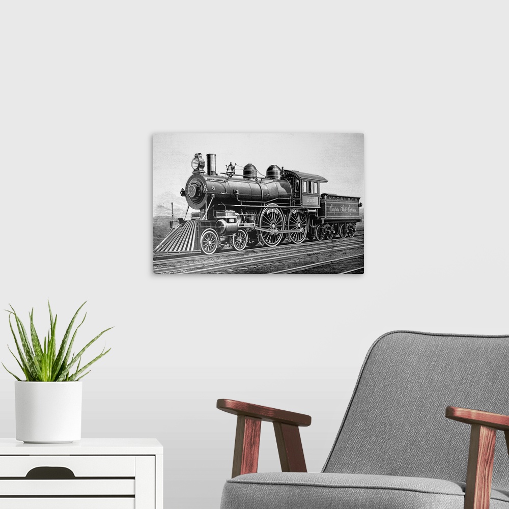 A modern room featuring Engraving depicting a Class 999 locomotive used on the New York Central and Hudson River Railroad...