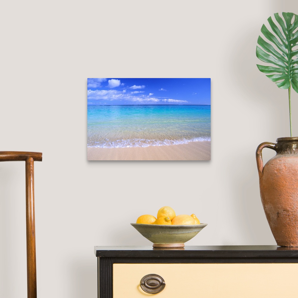 A traditional room featuring This home docor features a photograph that is a horizontal seascape of clean ocean water washing ...