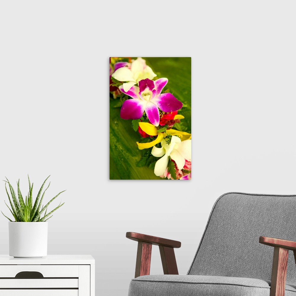 A modern room featuring Close-Up Detail Of A Vibrant Colored Lei Made With Tropical Flowers